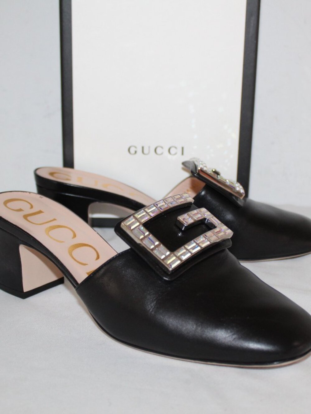 Gucci Square G Madelyn Crystal Black Leather Mules Kitten Chunk Heels 38